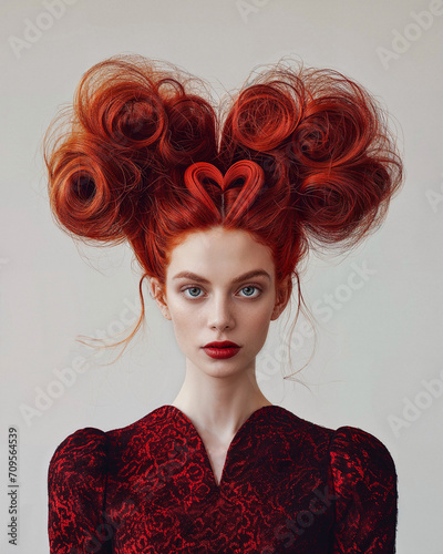 Redhead woman heartshaped hairdo Valentine's day love hair hairstylist valentine card advertising