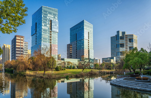 Reflective Waterfront and Modern Architecture in City Park