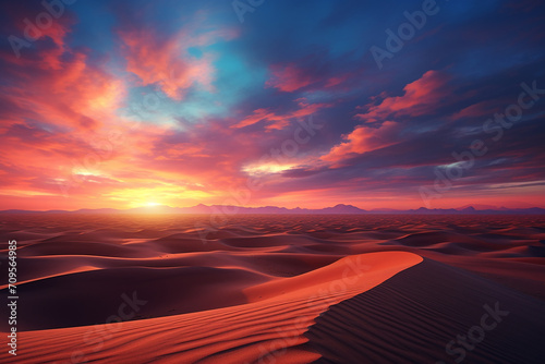 Generative AI Image of Dunes in the Desert with Clouds in Dramatic Sky at Sunrise