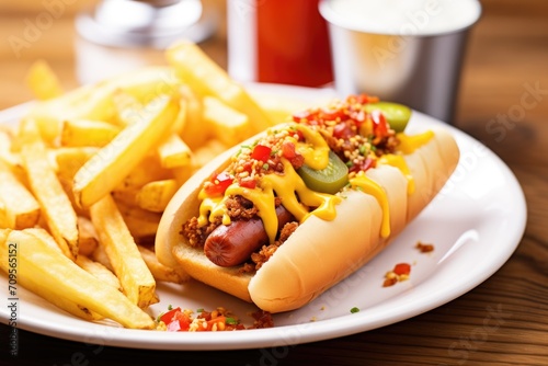 hot dog with chili and cheese toppings, side of fries