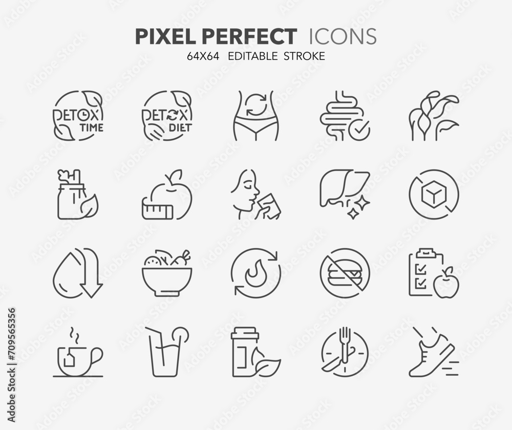 Line icons about detox and cleanse. Outline symbol collection. Editable vector stroke. 64x64 Pixel Perfect. - obrazy, fototapety, plakaty 