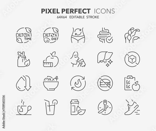 Line icons about detox and cleanse. Outline symbol collection. Editable vector stroke. 64x64 Pixel Perfect.