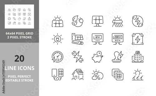 Solar energy and photovoltaic installations, thin line icon set. Outline symbol collection. Editable vector stroke. 64 and 256 Pixel Perfect scalable to 128px