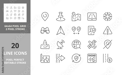 Navigation and location, thin line icon set 2/2. Outline symbol collection. Editable vector stroke. 64 and 256 Pixel Perfect scalable to 128px