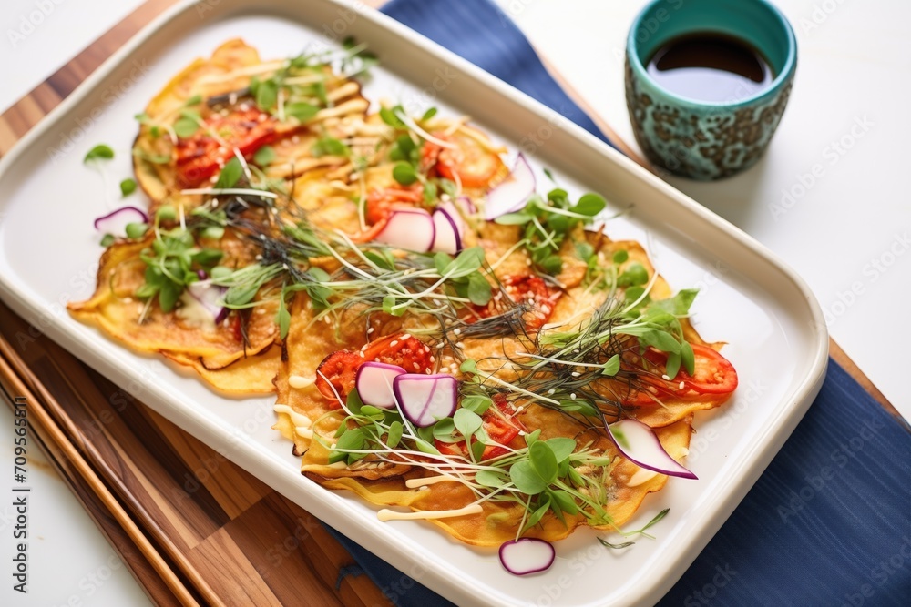 kimchi pancakes on a serving platter, garnished with microgreens kimchi pancakes on a serving platter, garnished with microgreens