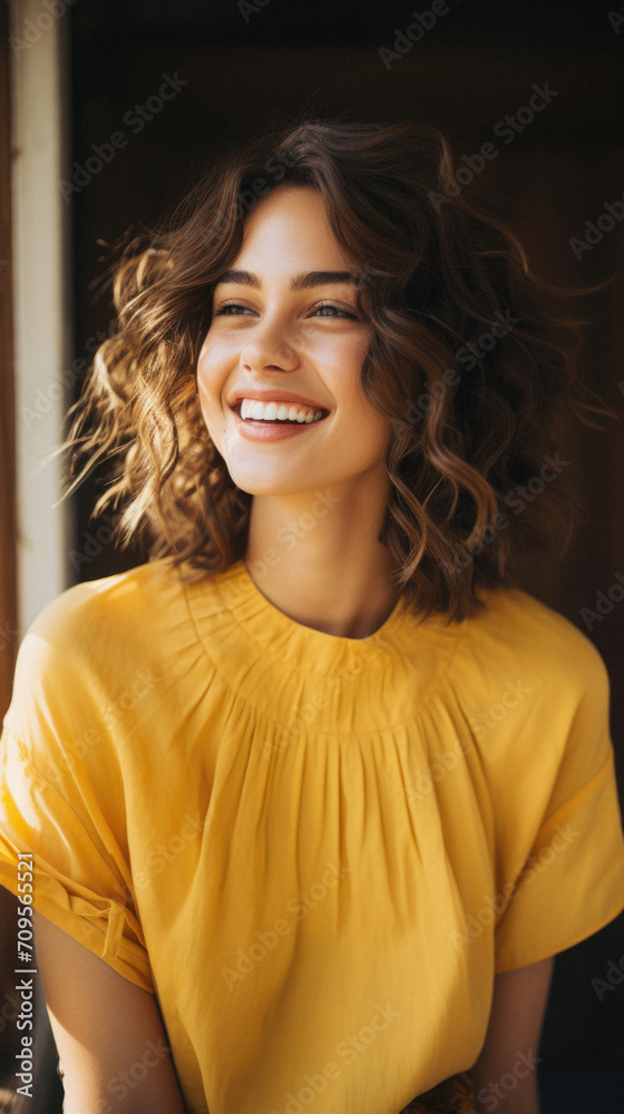 Fototapeta premium Portrait of a smiling young woman in yellow dress looking at camera outdoors