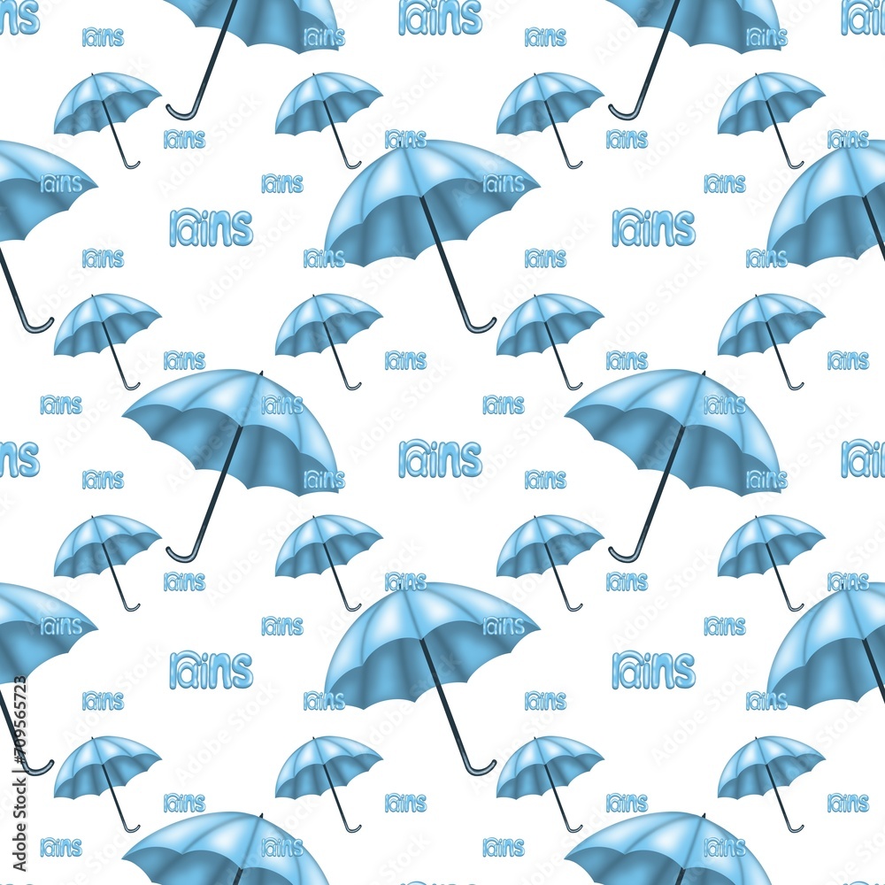 Seamless pattern with umbrellas. Cute cartoon, summer, autumn, spring rainy background, with blue umbrellas. 