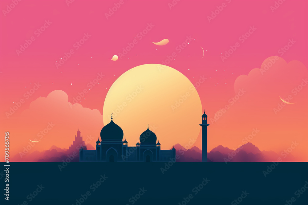 Illustration of mosque with full moon in background. Ramadan Kareem background.