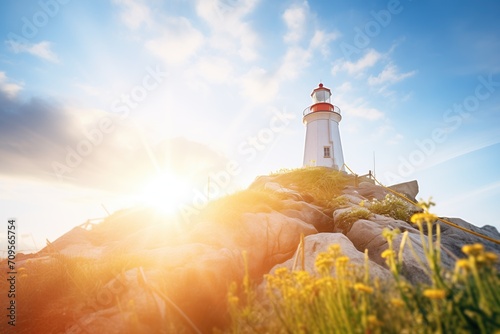 sunrise rays illuminating a hilltop lighthouse photo