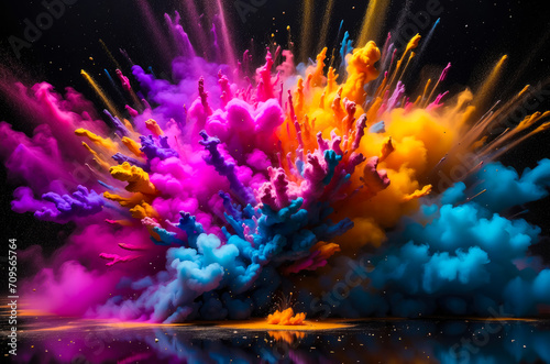 A colorful explosion of pink  blue  and yellow Holi dust against a black background