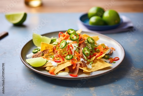 nachos with sliced chili peppers and lime zest