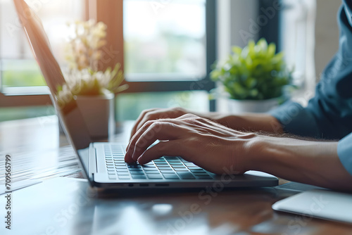 Digitale Effizienz in Aktion: Hände, die geschickt ein Notebook bedienen, vermitteln das Konzept der technologischen Produktivität und kreativen Arbeitsplatznutzung. photo