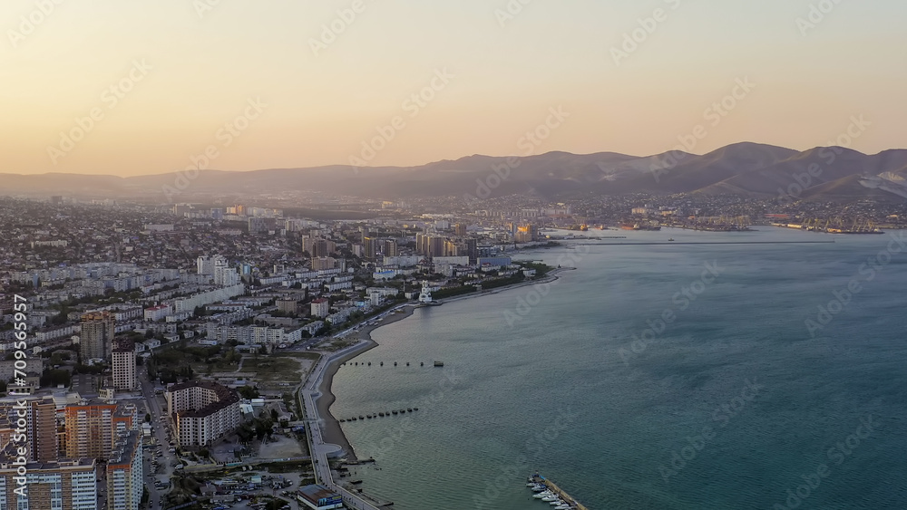 Novorossiysk, Russia - September 16, 2020: City embankment. Tsemesskaya Bay in the Black Sea., Aerial View