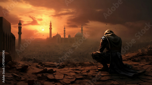 Soldier praying in front of the mecca
