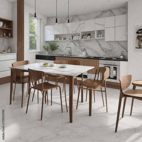 Ai generate a photo of a kitchen space with a kitchen set  marble table  minimalist wooden chairs  high detail  realistic  with a white background  in a bright morning atmosphere.