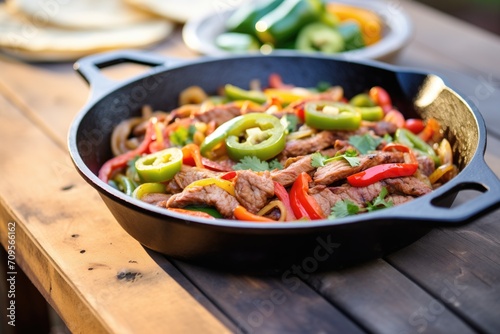 sizzling fajitas with peppers and onions on a cast iron pan