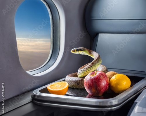 Snake on a plane, sitting on a tray of fruit and enjoying the view out the window. photo