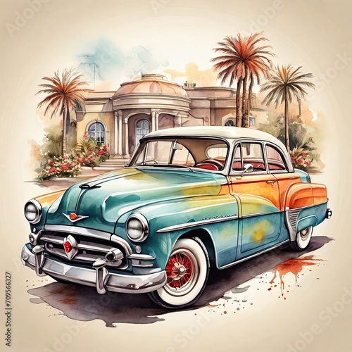 Vintage car on watercolor background. Hand drawn illustration © Dustin Ai