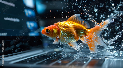 E-commerce concept  goldfish with water splash coming out from laptop screen  Generative Ai