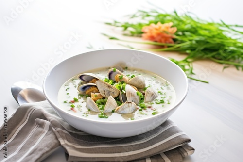 clam chowder in a white bowl with chopped chives