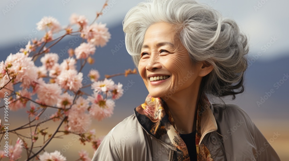 Naklejka premium portrait of happy 90 yo silver hair asian woman near blooming sakura in park at spring day.