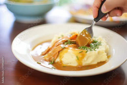 creamy mashed potatoes with gravy drizzle