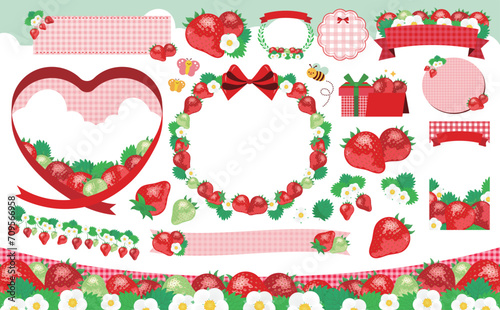 春のいちごのフレームとイラストの素材セット_葉・花・苺の果実