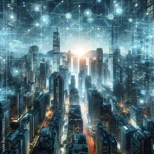 Wallpaper Mural AI generated illustration picture of city landscape cityscape with holographic connections Torontodigital.ca
