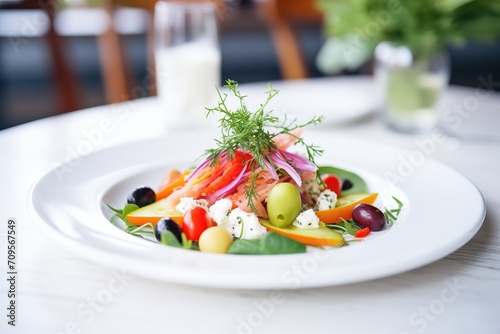 greek salad with feta, olives, and fresh vegetables on white plate photo