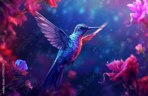a colorful hummingbird flying over a flower filled field of flowers in the night sky with a bright blue and purple background, generative ai © Vitaliy