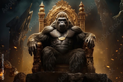 Portrait of a majestic Gorilla with his crown and throne © jambulart