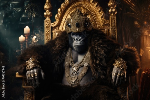 Portrait of a majestic Gorilla with his crown and throne