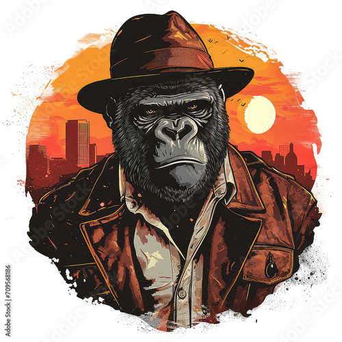 T-shirt design of an artistic gorilla in a spy costume on a cityscape background, retro and vintage style photo