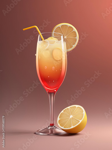 Flat Pop Illustration - French 75 Cocktail with Lemon Twist and Effervescent Champagne on Gradient Background Gen AI photo