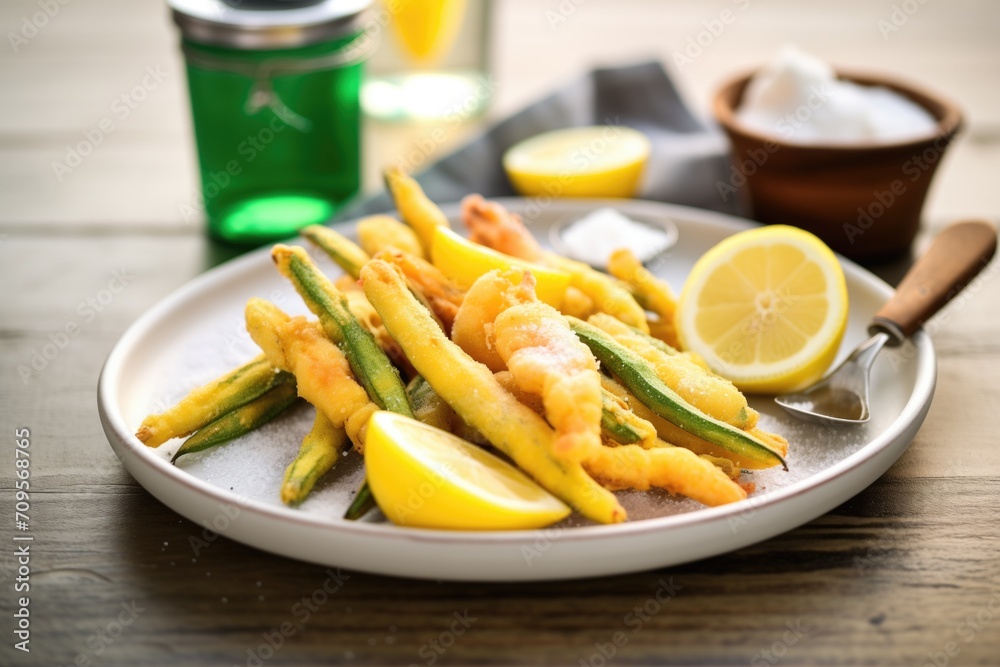 whole tempura okra displayed with a lemon slice whole tempura okra displayed with a lemon slice