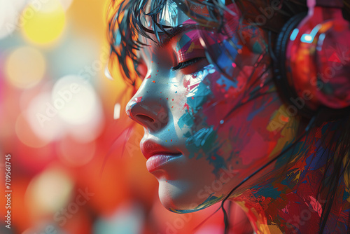 Girl with headphones with colorful painted vivid drops around her, on color background. An illustration of auditory hallucinations or enjoyment of music. Mental health concept, Banner