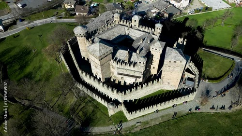 Aerial view of Fenis castle Valle d'Aosta Italy shot with rotation view from top to bottom photo