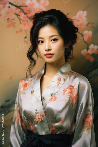 Young pretty asian woman in kimono with sakura flowers