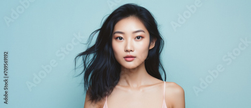 Beautiful young asian woman with clean fresh skin on blue background .