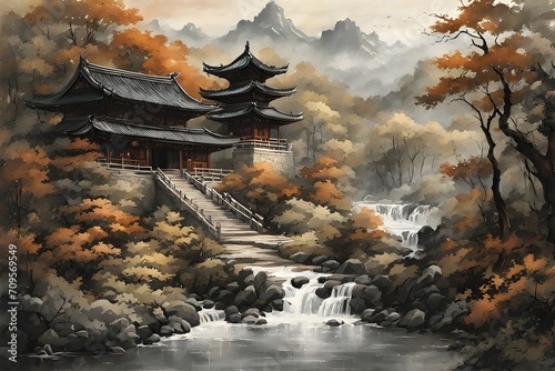 Chinese traditional ink painting of castle ai generation