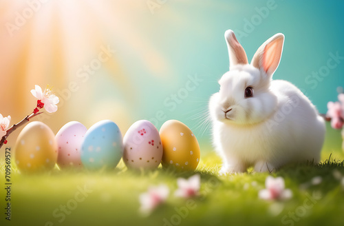 Easter banner with painted eggs, cherry blossoms and a cute little white rabbit on green grass on a pastel background, sunlight. Copy paste