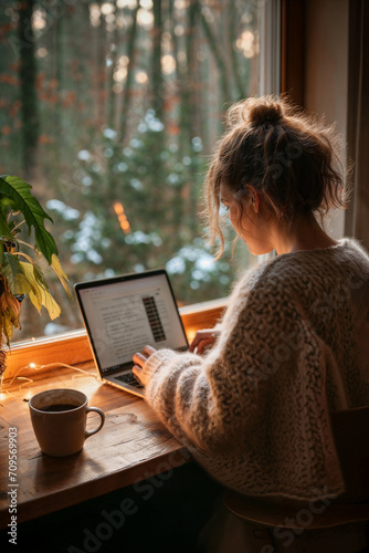 Woman working from home at her plant lovers desk with a forest view in her cabin