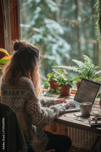 Woman working from home at her plant lovers desk with a forest view in her cabin
