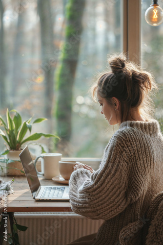 Woman working from home at her plant lovers desk with a forest view in her cabin