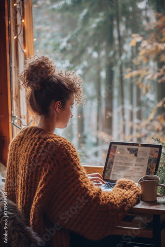 Woman working from home at her plant lovers desk with a forest view in her cabin
