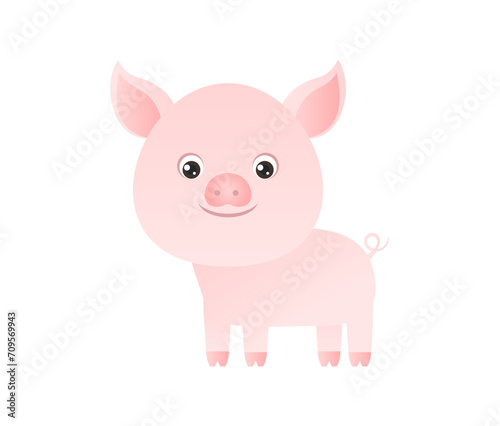 Cute pink pig isolated on a white background. Vector funny farm animal. Cartoon children's simple style.