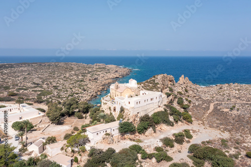 Chania town Crete island Greece Chrysoskalitissa Monastery. Aerial drone view of Holy Trinity Church