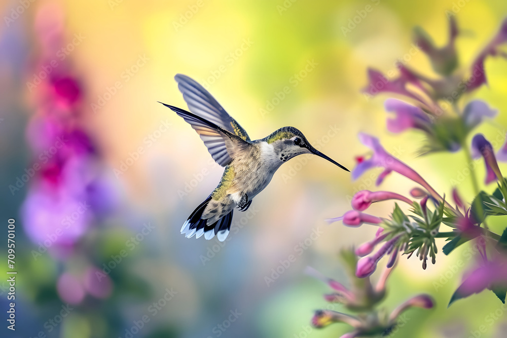 Obraz premium Anmut in der Luft: Ein majestätischer Kolibri zeigt seine lebendige Schönheit im fließenden Flug, ein farbenprächtiges Naturspektakel der leichten Eleganz