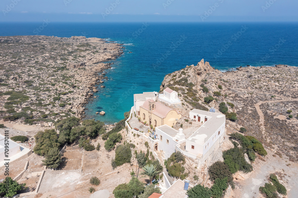 Chrysoskalitissa Monastery, Chania Crete island Greece. Aerial drone view, Dormition of Virgin Mary