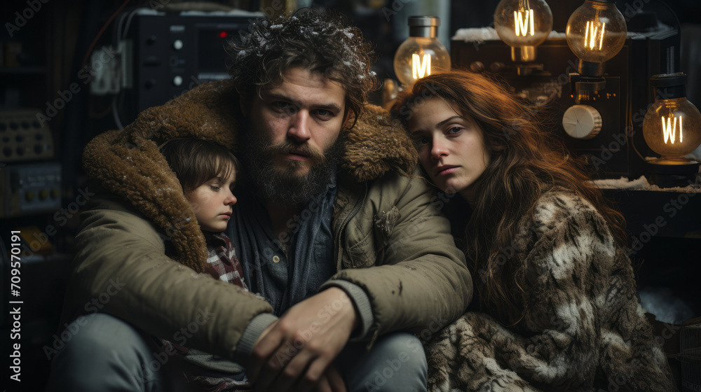 Tired and worried couple with his young child dressed with old winter clothes inside a dark technical room without heating